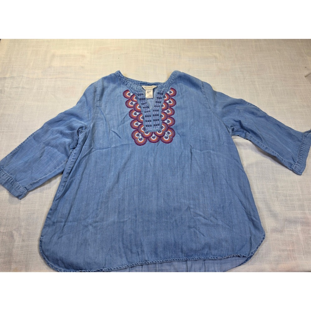 Multiples Womens Medium Lyocell Chambray Embroidered Split Neck Blouse Blue